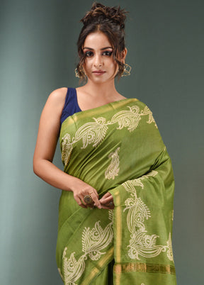 Light Green Dupion Silk Saree With Blouse Piece - Indian Silk House Agencies