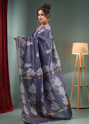 Grey Dupion Silk Saree With Blouse Piece - Indian Silk House Agencies