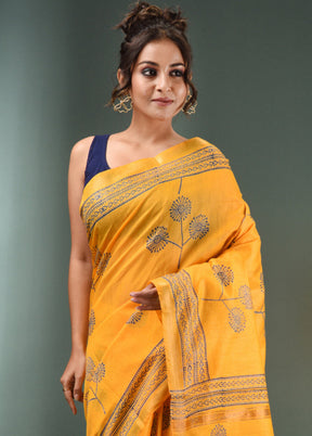 Yellow Dupion Silk Saree With Blouse Piece - Indian Silk House Agencies