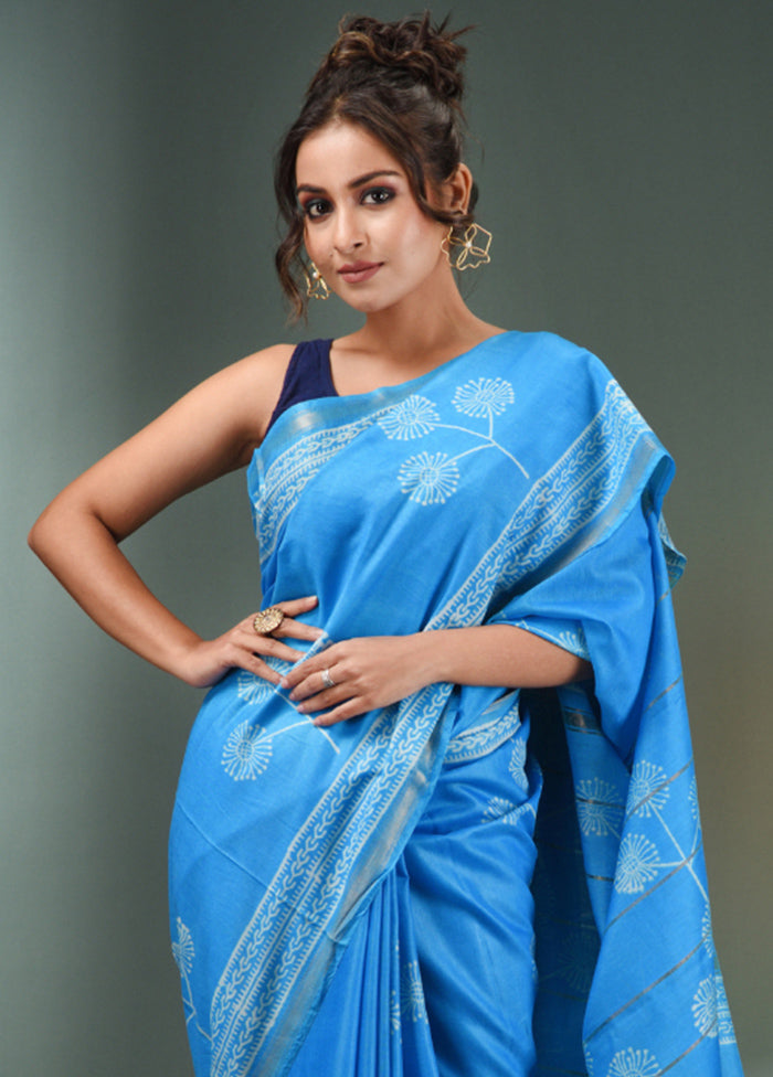 Sky Blue Dupion Silk Saree With Blouse Piece - Indian Silk House Agencies