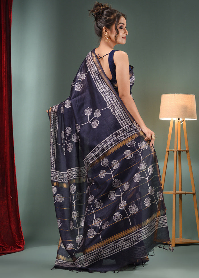 Navy Blue Dupion Silk Saree With Blouse Piece - Indian Silk House Agencies