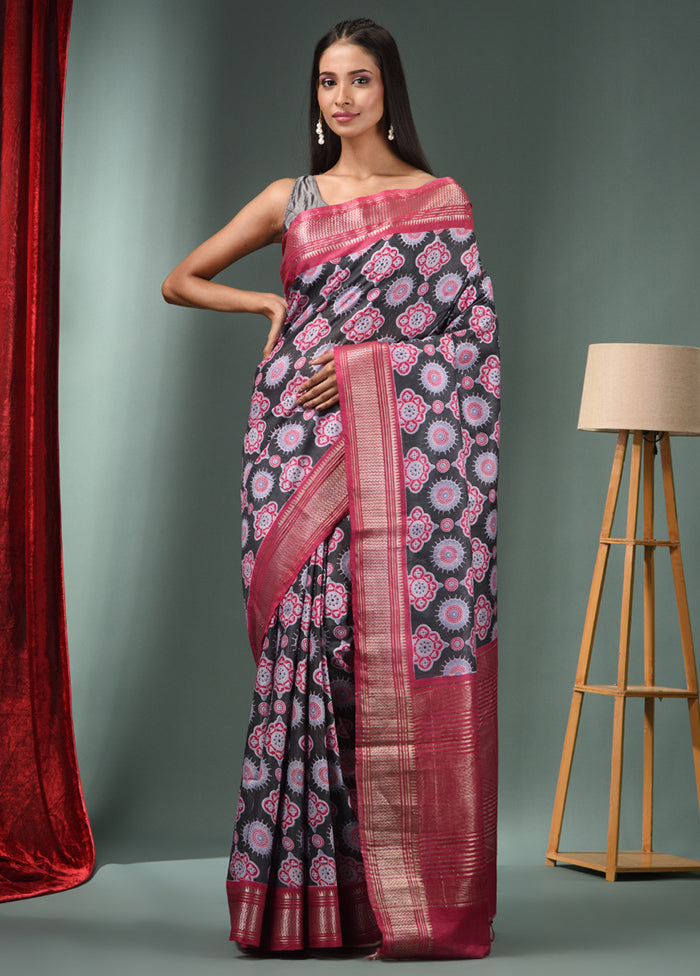 Black Dupion Silk Saree With Blouse Piece - Indian Silk House Agencies