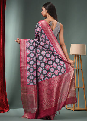 Black Dupion Silk Saree With Blouse Piece - Indian Silk House Agencies