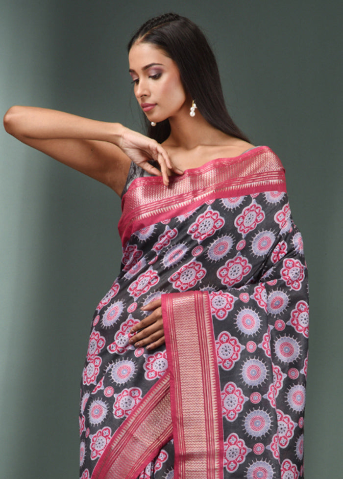 Black Dupion Silk Saree With Blouse Piece - Indian Silk House Agencies