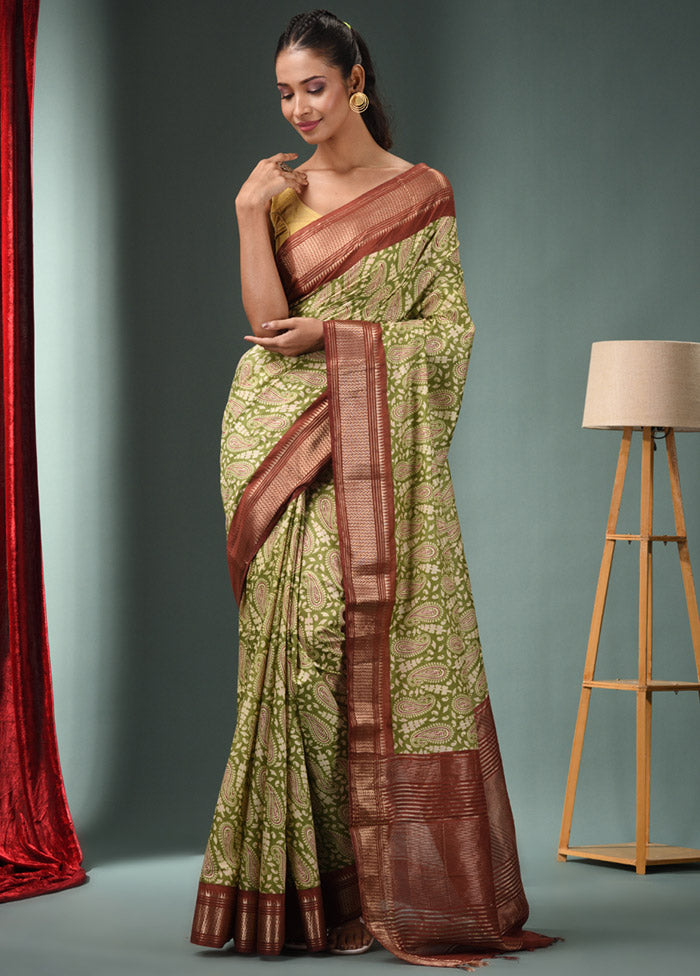 Green Dupion Silk Saree With Blouse Piece - Indian Silk House Agencies