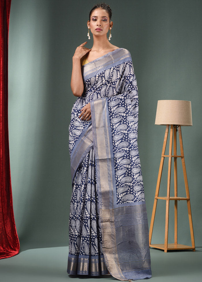 Blue Dupion Silk Saree With Blouse Piece - Indian Silk House Agencies