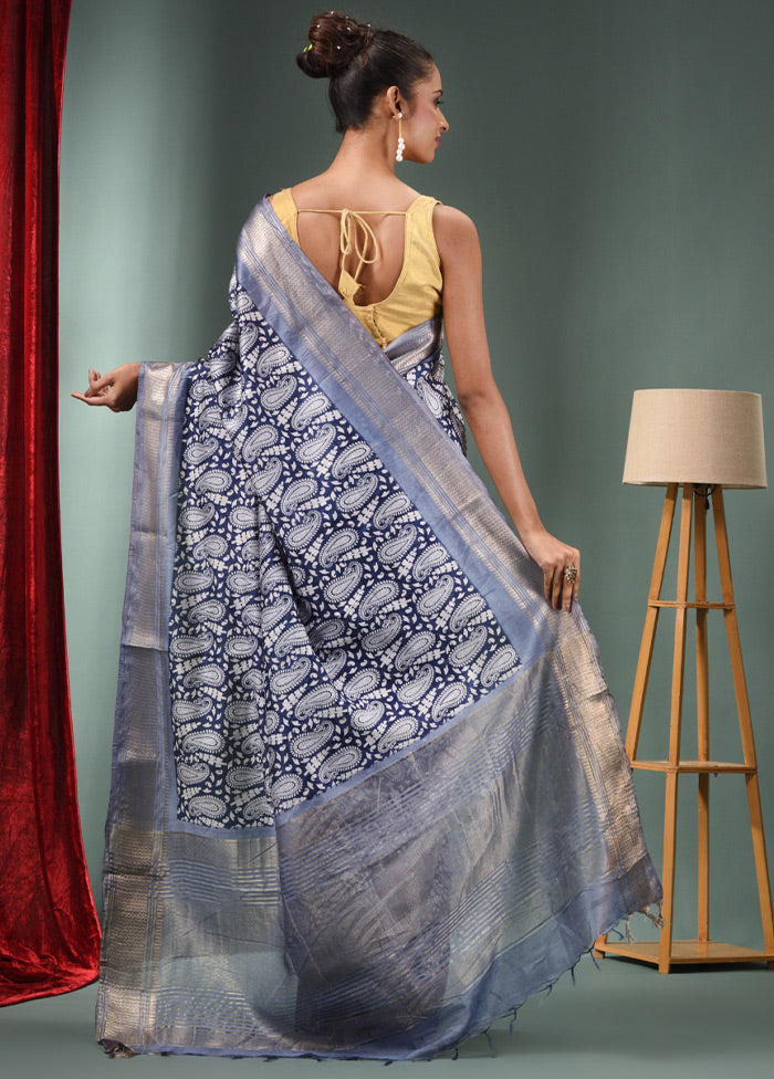 Blue Dupion Silk Saree With Blouse Piece - Indian Silk House Agencies