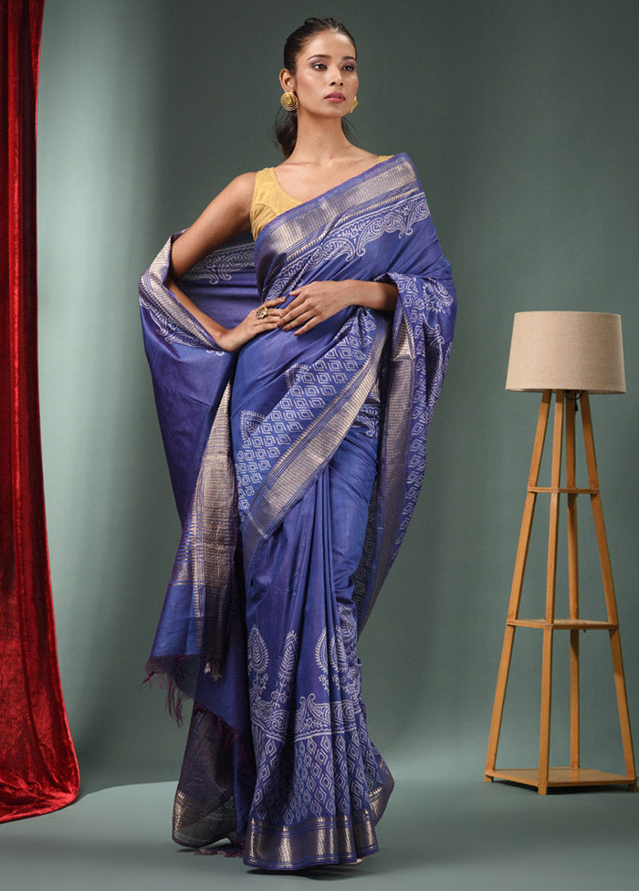 Blue Dupion Silk Saree With Blouse Piece - Indian Silk House Agencies