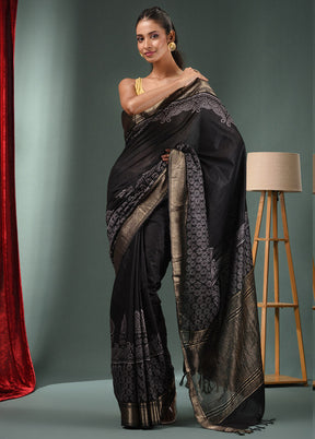 Black Dupion Silk Saree With Blouse Piece - Indian Silk House Agencies