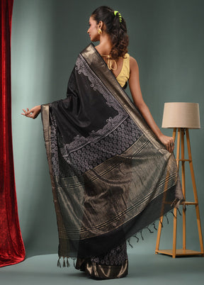 Black Dupion Silk Saree With Blouse Piece - Indian Silk House Agencies