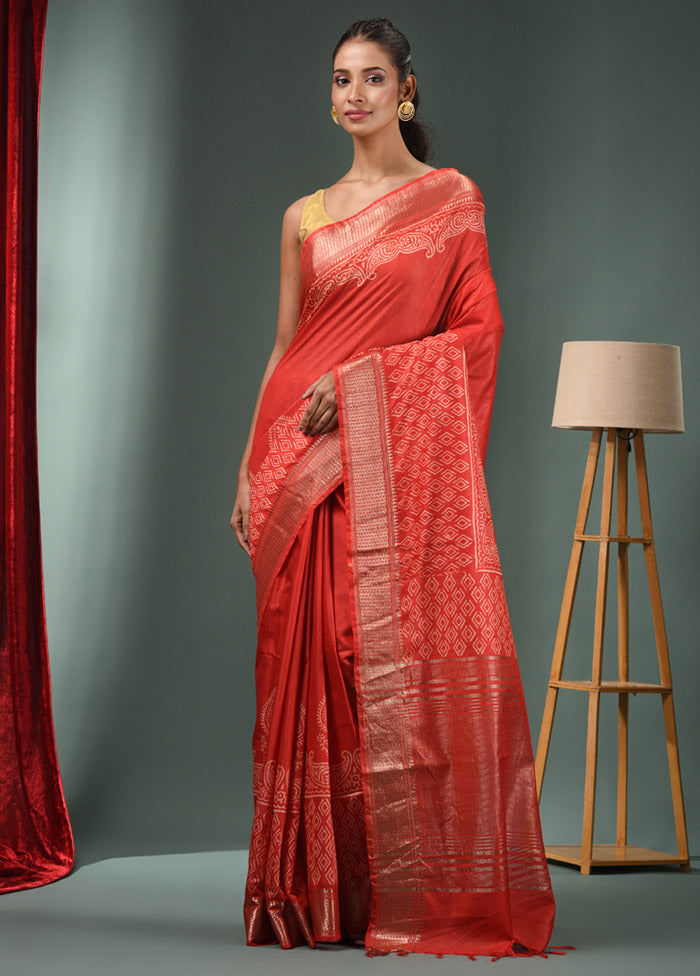 Red Dupion Silk Saree With Blouse Piece - Indian Silk House Agencies