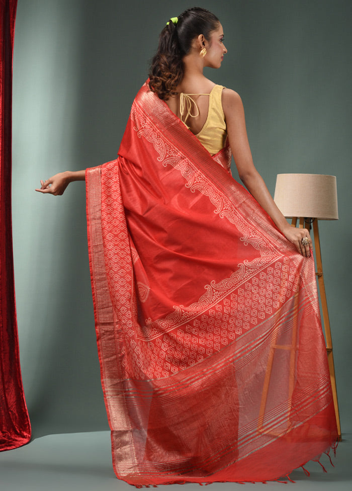 Red Dupion Silk Saree With Blouse Piece - Indian Silk House Agencies