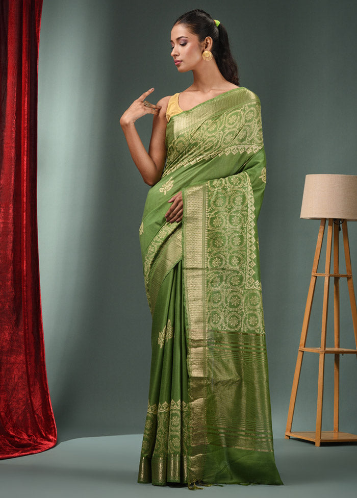 Green Dupion Silk Saree With Blouse Piece - Indian Silk House Agencies