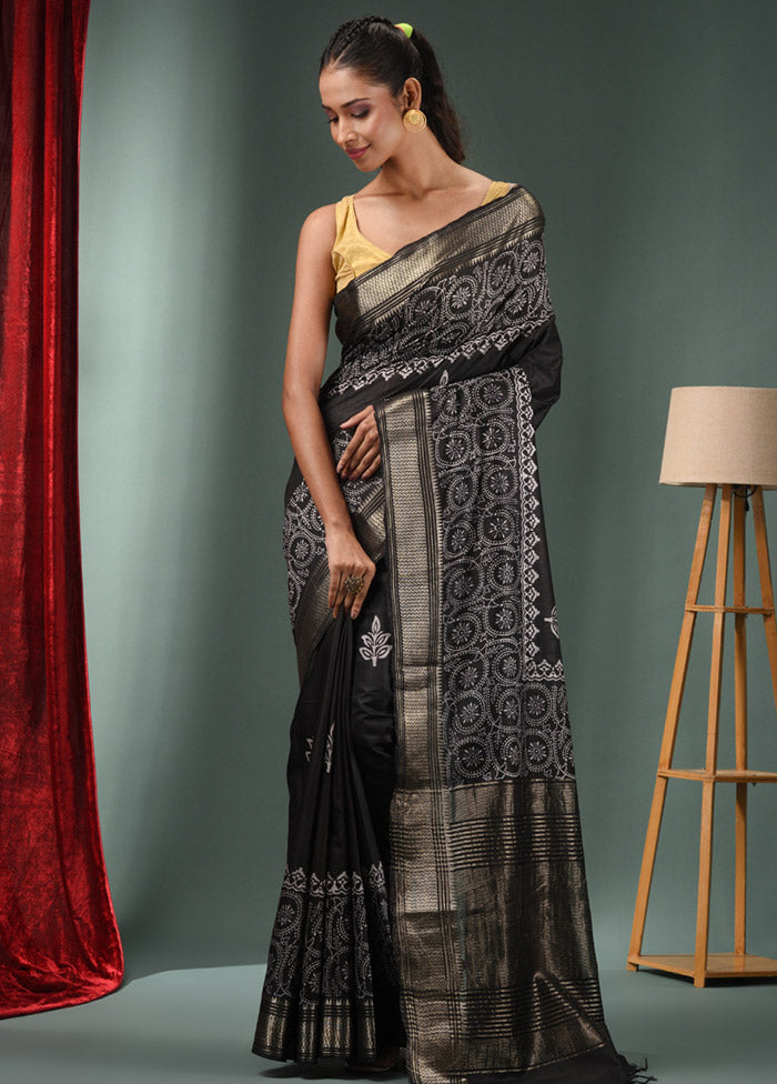 Black Dupion Silk Saree With Blouse Piece - Indian Silk House Agencies