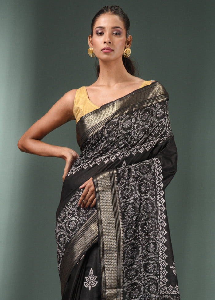 Black Dupion Silk Saree With Blouse Piece - Indian Silk House Agencies