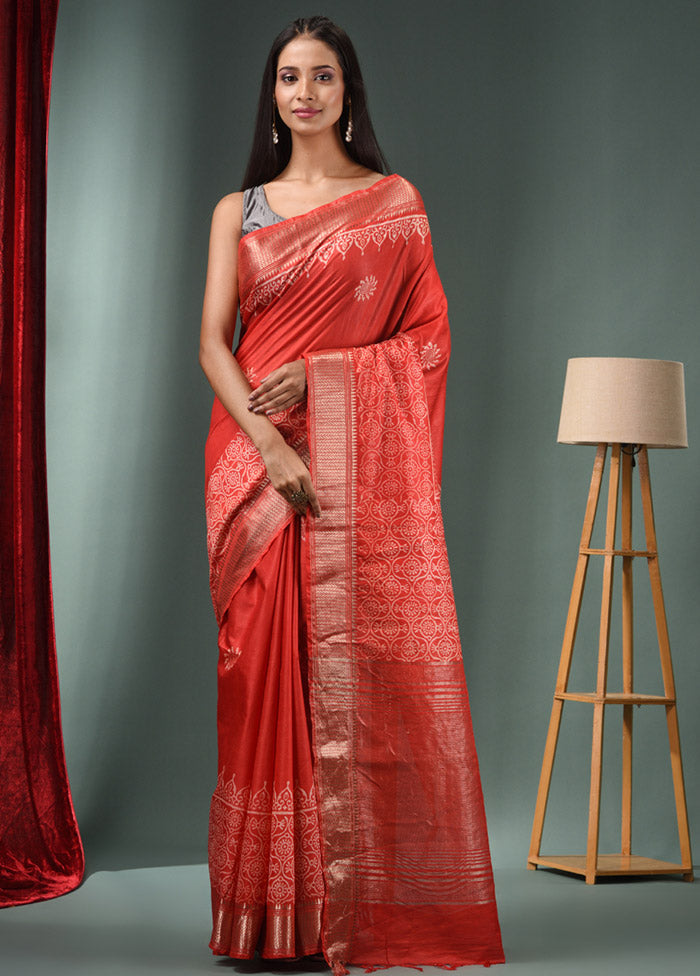 Red Dupion Silk Saree With Blouse Piece - Indian Silk House Agencies