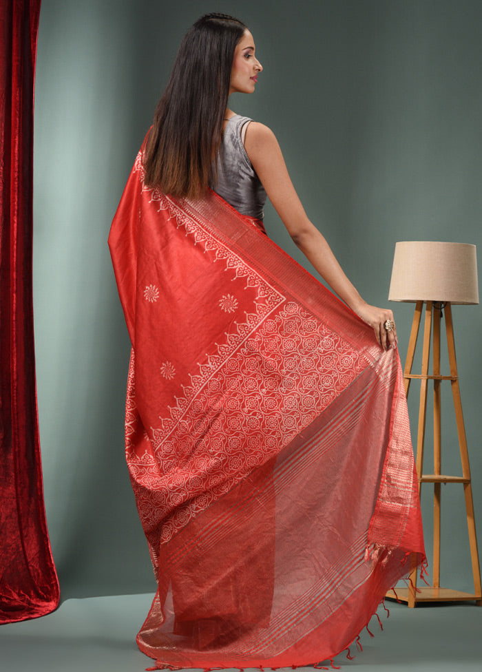 Red Dupion Silk Saree With Blouse Piece - Indian Silk House Agencies