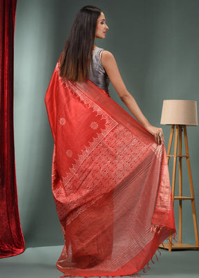 Red Dupion Silk Saree With Blouse Piece - Indian Silk House Agencies