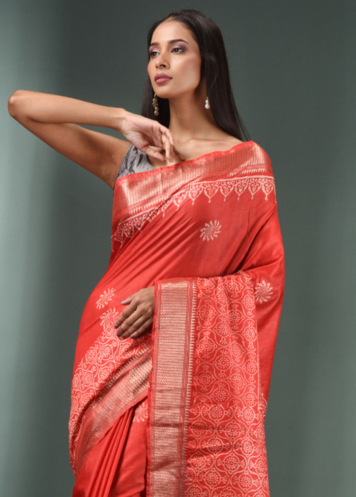 Red Dupion Silk Saree With Blouse Piece - Indian Silk House Agencies