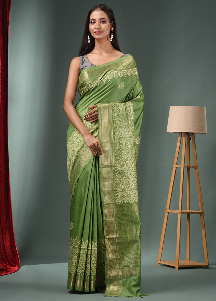 Green Dupion Silk Saree With Blouse Piece - Indian Silk House Agencies