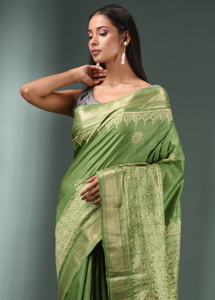 Green Dupion Silk Saree With Blouse Piece - Indian Silk House Agencies