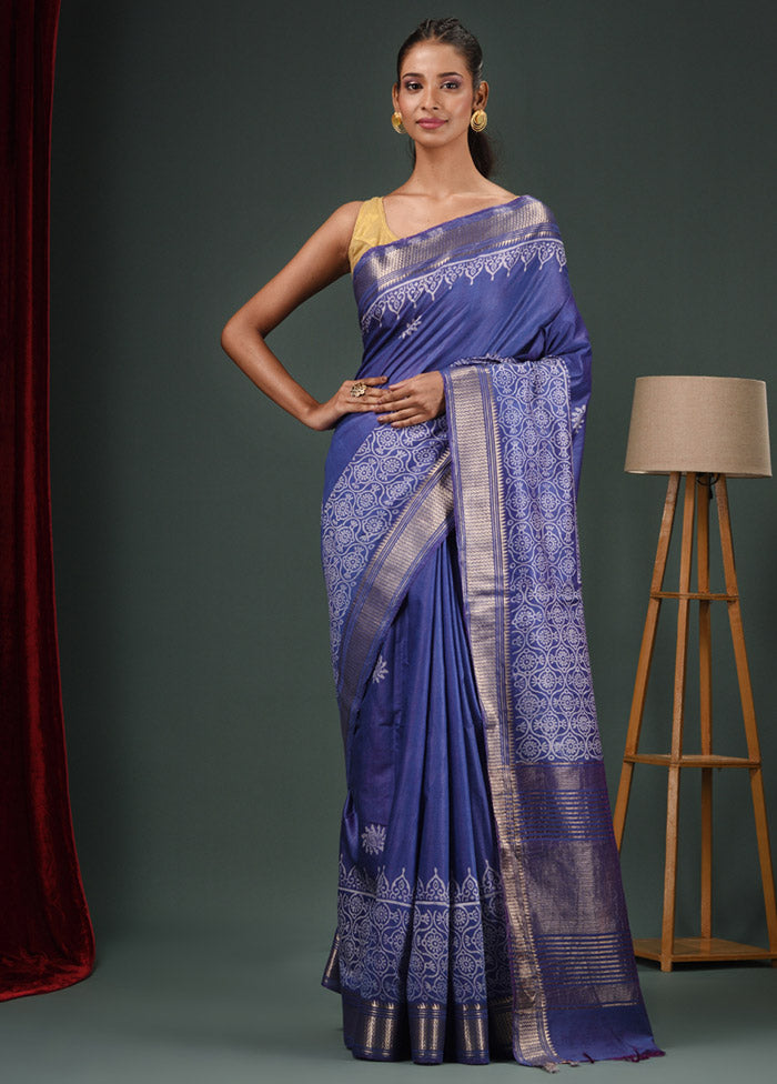 Blue Dupion Silk Saree With Blouse Piece - Indian Silk House Agencies