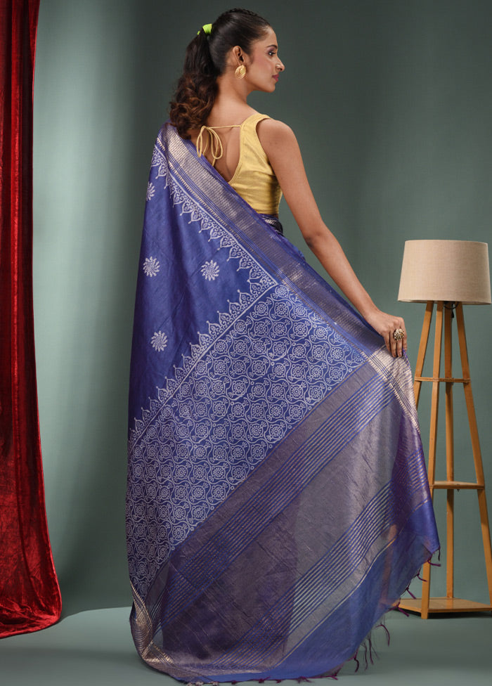 Blue Dupion Silk Saree With Blouse Piece - Indian Silk House Agencies