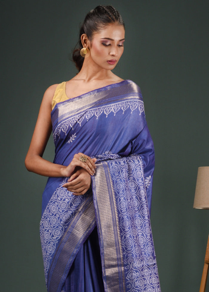 Blue Dupion Silk Saree With Blouse Piece - Indian Silk House Agencies