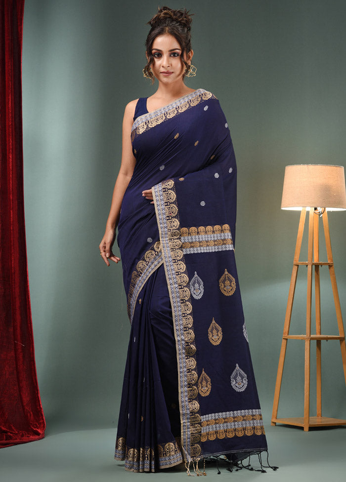 Navy Blue Pure Cotton Saree With Blouse Piece - Indian Silk House Agencies