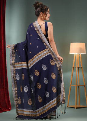 Navy Blue Pure Cotton Saree With Blouse Piece - Indian Silk House Agencies