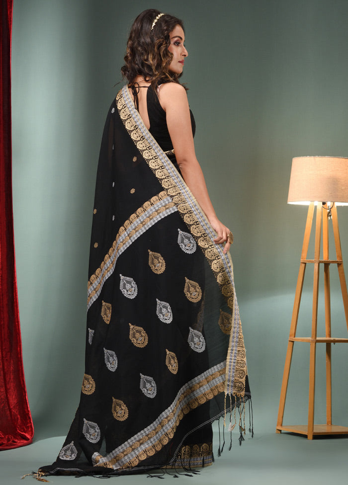 Black Pure Cotton Saree With Blouse Piece - Indian Silk House Agencies