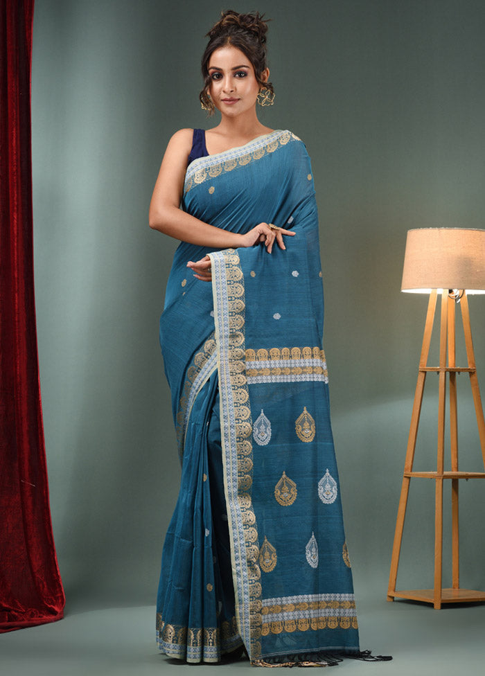 Yale Blue Pure Cotton Saree With Blouse Piece - Indian Silk House Agencies