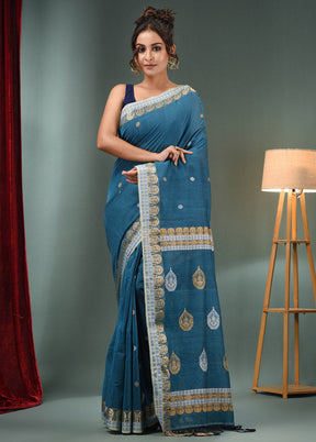 Yale Blue Pure Cotton Saree With Blouse Piece - Indian Silk House Agencies