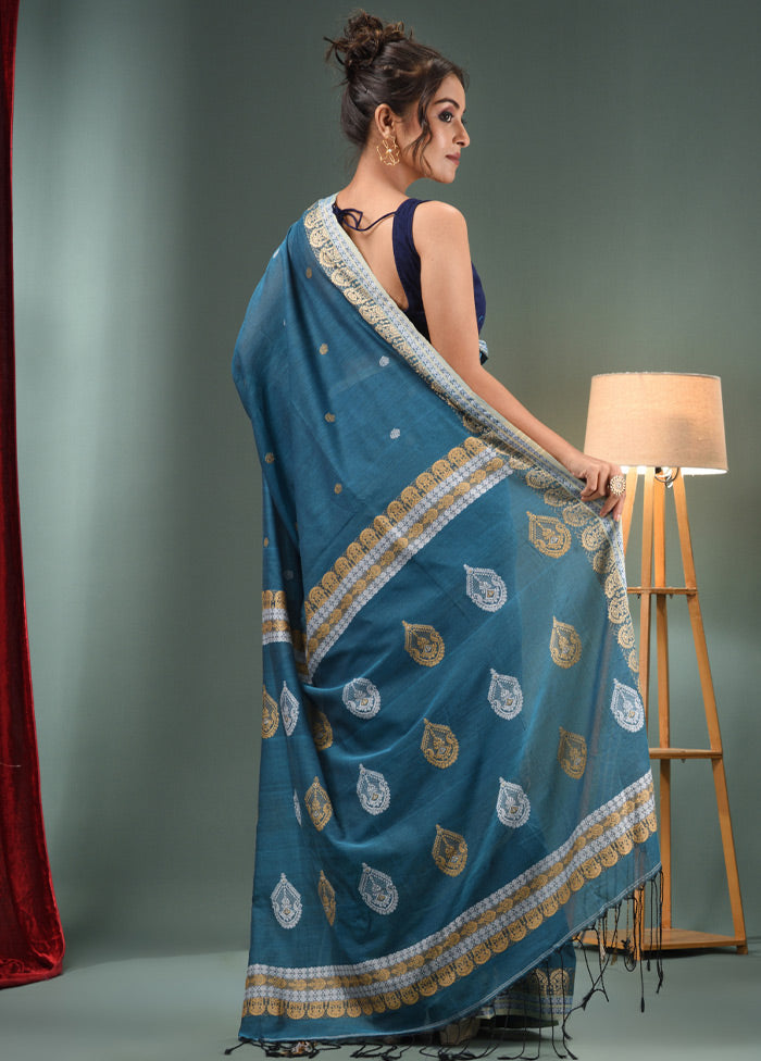 Yale Blue Pure Cotton Saree With Blouse Piece - Indian Silk House Agencies