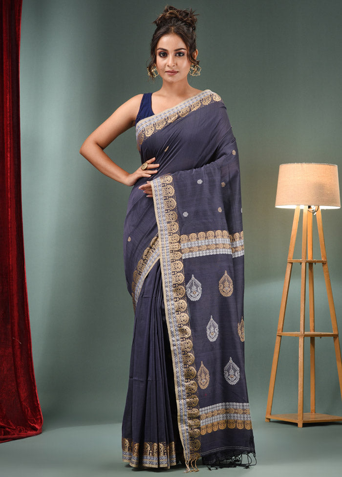 Dark Grey Pure Cotton Saree With Blouse Piece - Indian Silk House Agencies