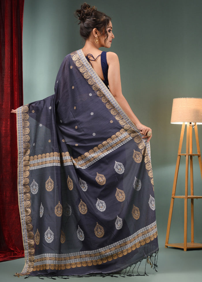 Dark Grey Pure Cotton Saree With Blouse Piece - Indian Silk House Agencies