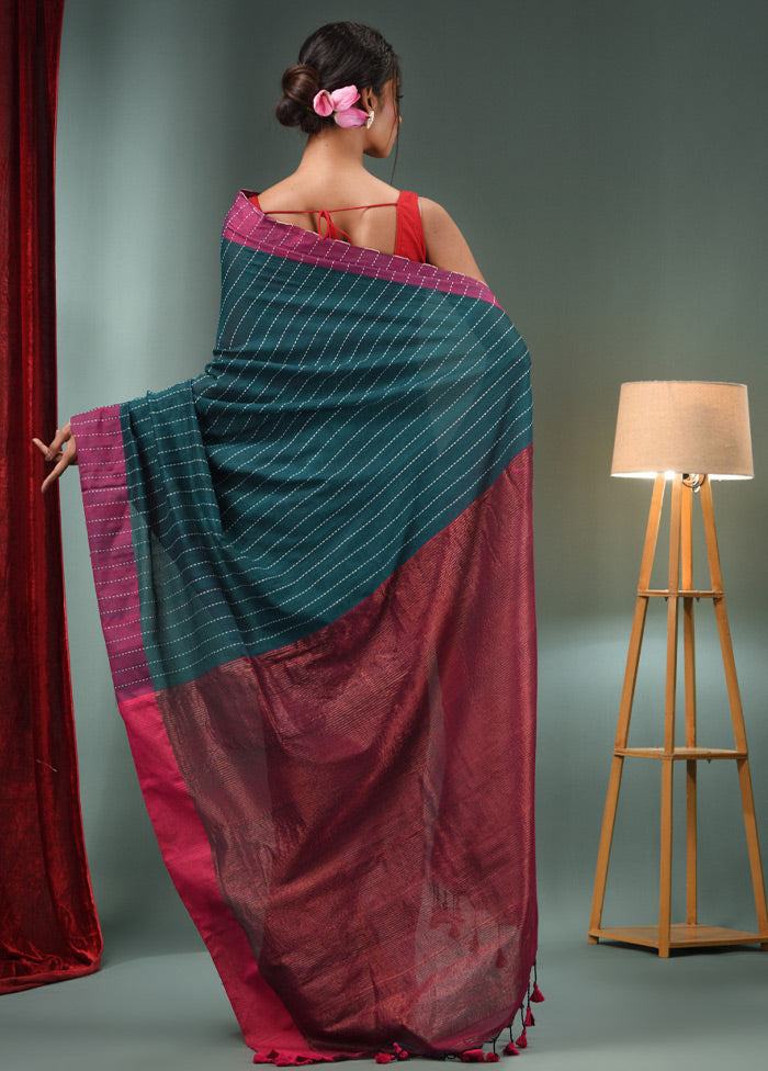 Teal Green Pure Cotton Saree With Blouse Piece - Indian Silk House Agencies