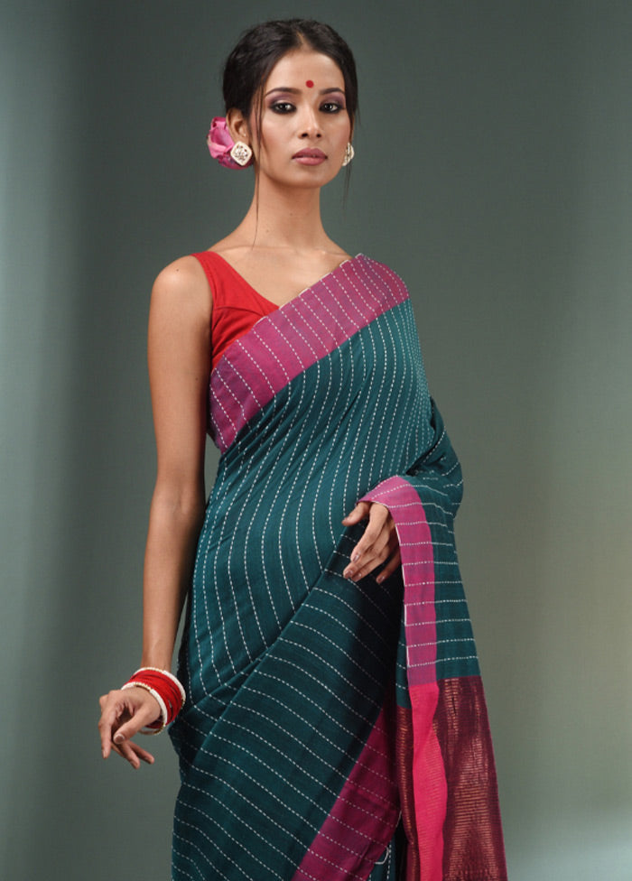 Teal Green Pure Cotton Saree With Blouse Piece - Indian Silk House Agencies