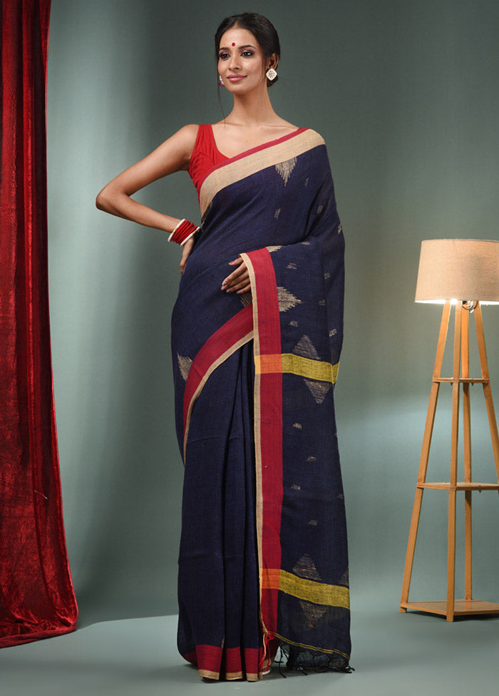 Navy Blue Pure Silk Saree With Blouse Piece - Indian Silk House Agencies