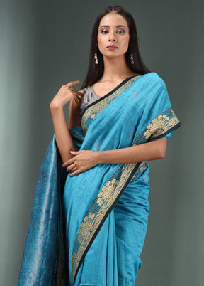 Sky Blue Dupion Pure Silk Saree With Blouse Piece - Indian Silk House Agencies