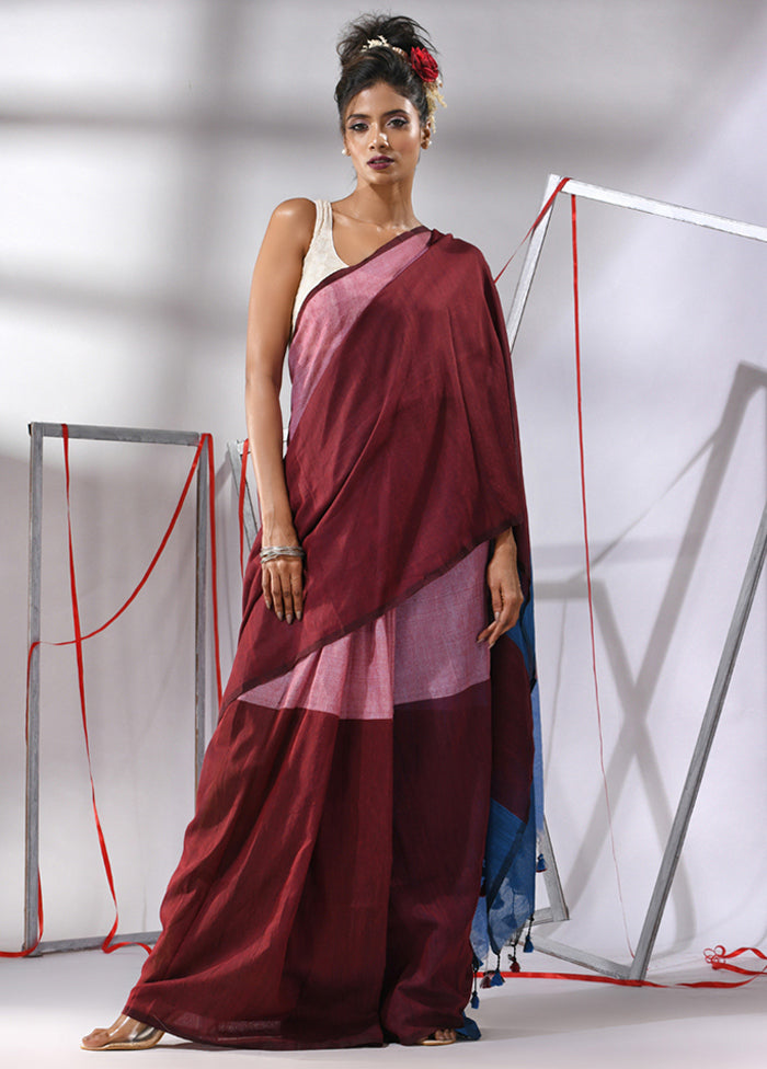 Maroon Cotton Saree With Blouse Piece - Indian Silk House Agencies