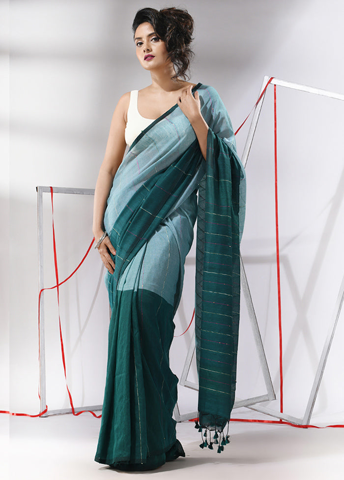 Teal Cotton Saree With Blouse Piece - Indian Silk House Agencies