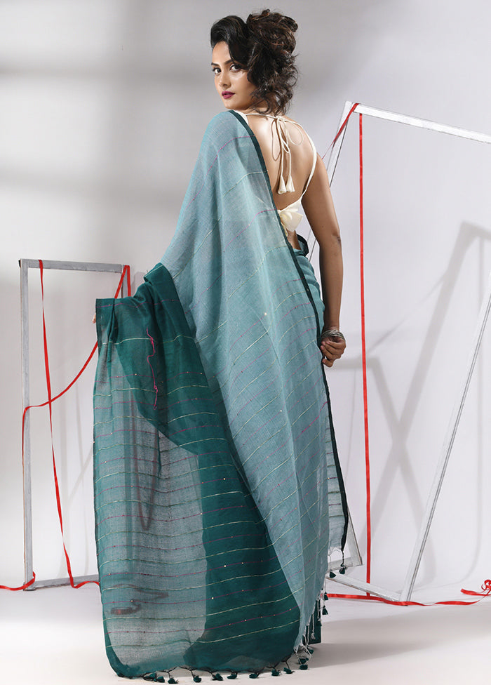 Teal Cotton Saree With Blouse Piece - Indian Silk House Agencies