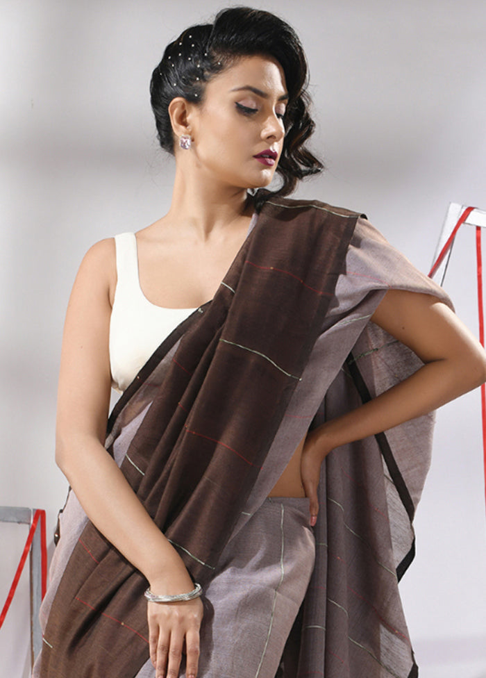 Brown Cotton Saree With Blouse Piece - Indian Silk House Agencies