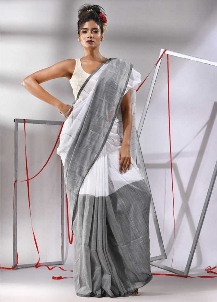 White Cotton Saree With Blouse Piece - Indian Silk House Agencies