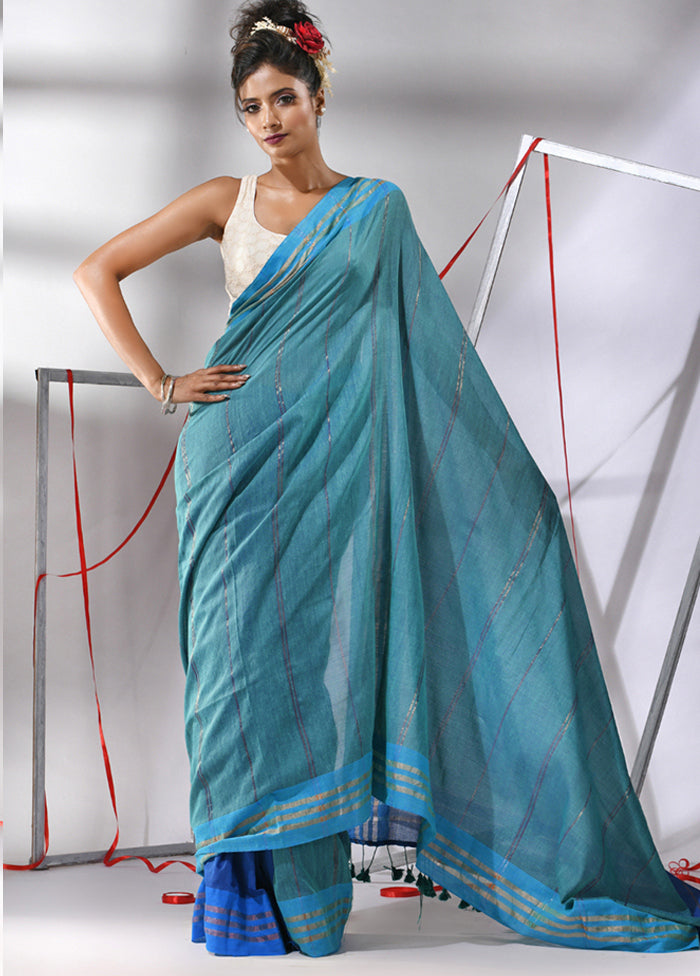 Teal Cotton Saree With Blouse Piece - Indian Silk House Agencies