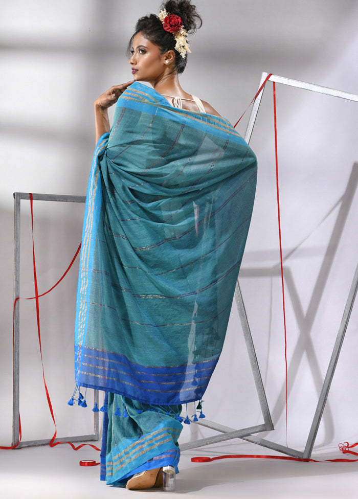 Teal Cotton Saree With Blouse Piece - Indian Silk House Agencies