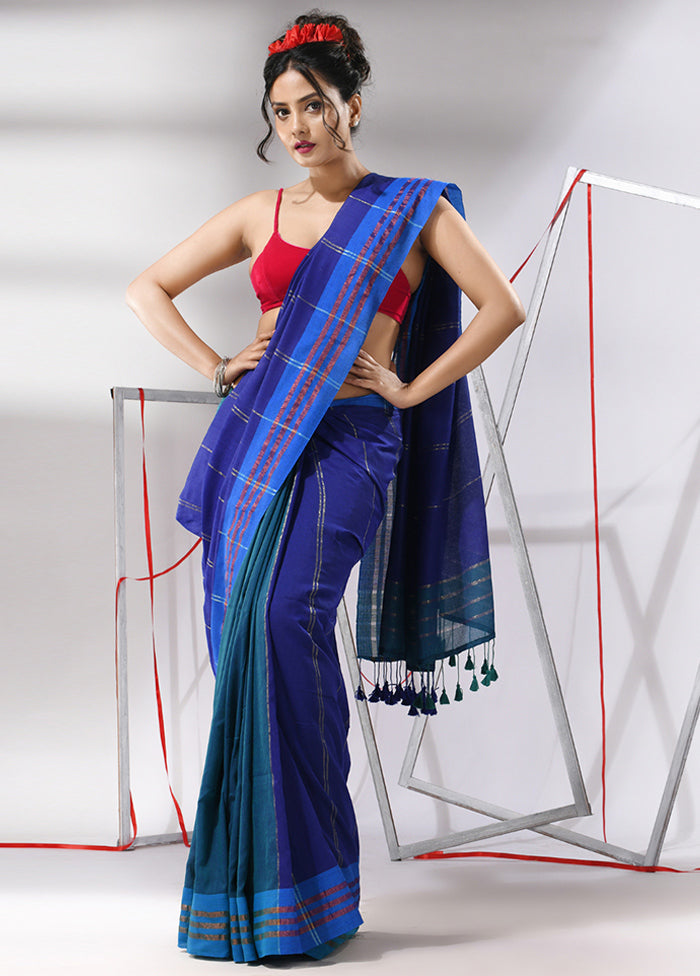 Blue Cotton Saree With Blouse Piece - Indian Silk House Agencies