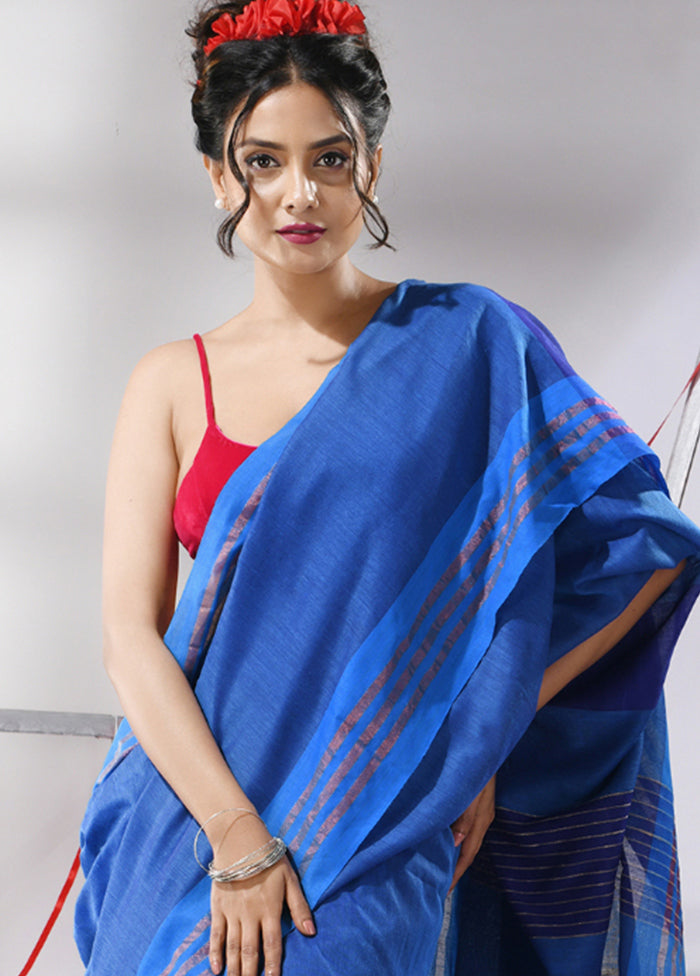 Blue Cotton Saree With Blouse Piece - Indian Silk House Agencies