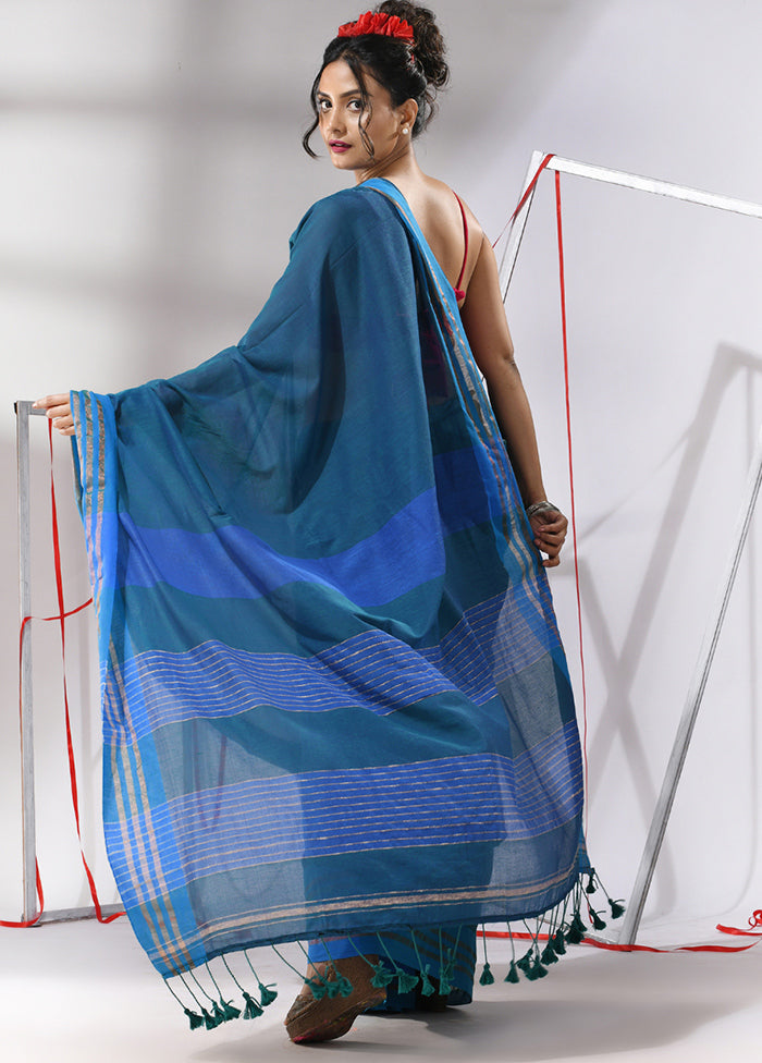 Peacock Blue Cotton Saree With Blouse Piece - Indian Silk House Agencies